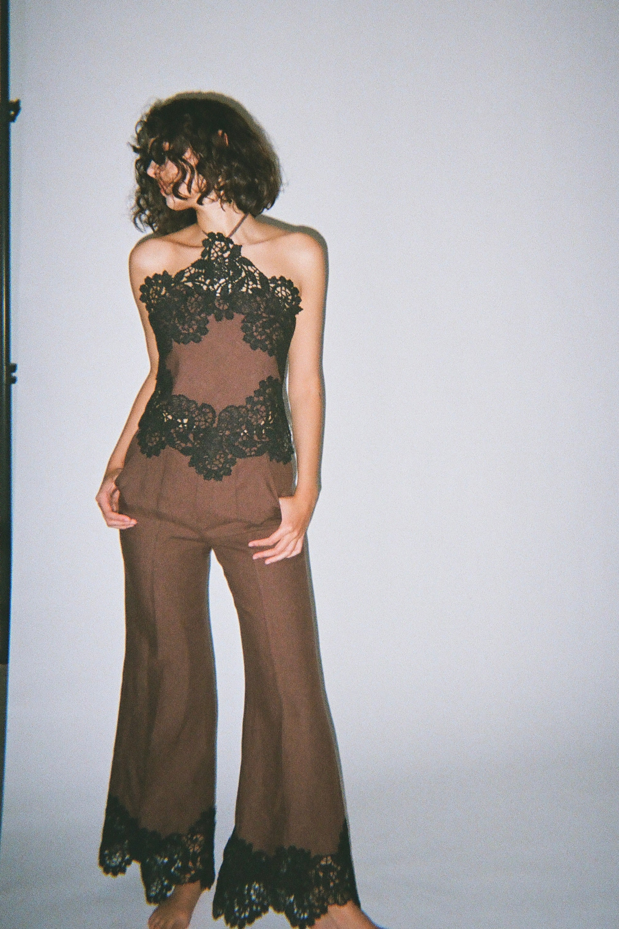 Lace Paneled & Piped Flare Pants