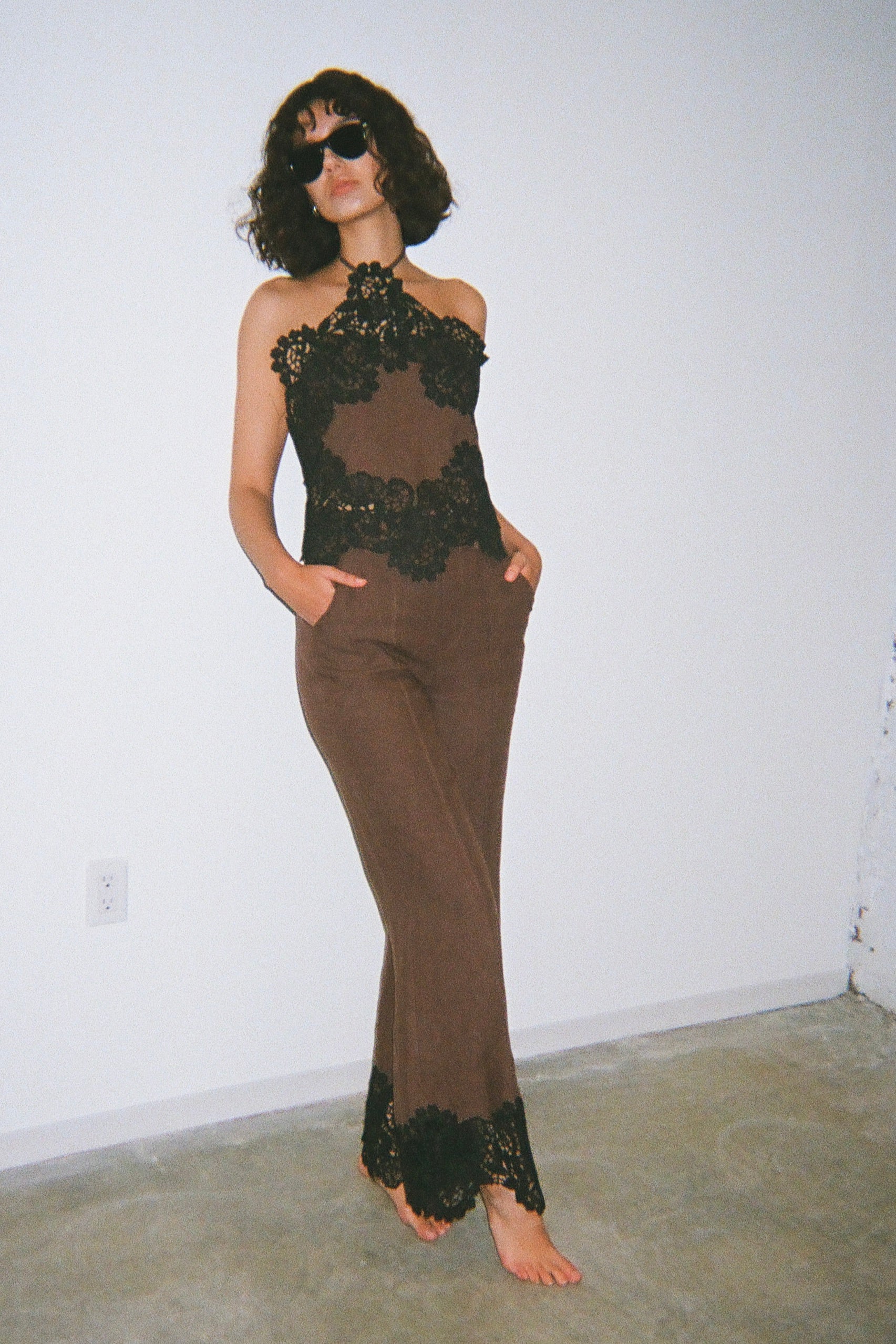 Lace Paneled & Piped Flare Pants