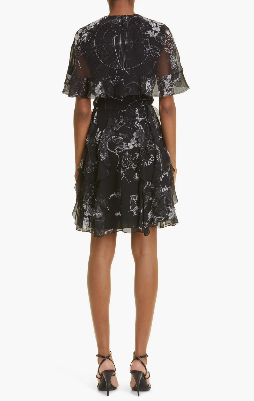 S/S Printed Chiffon Dress w/ Cape Detail